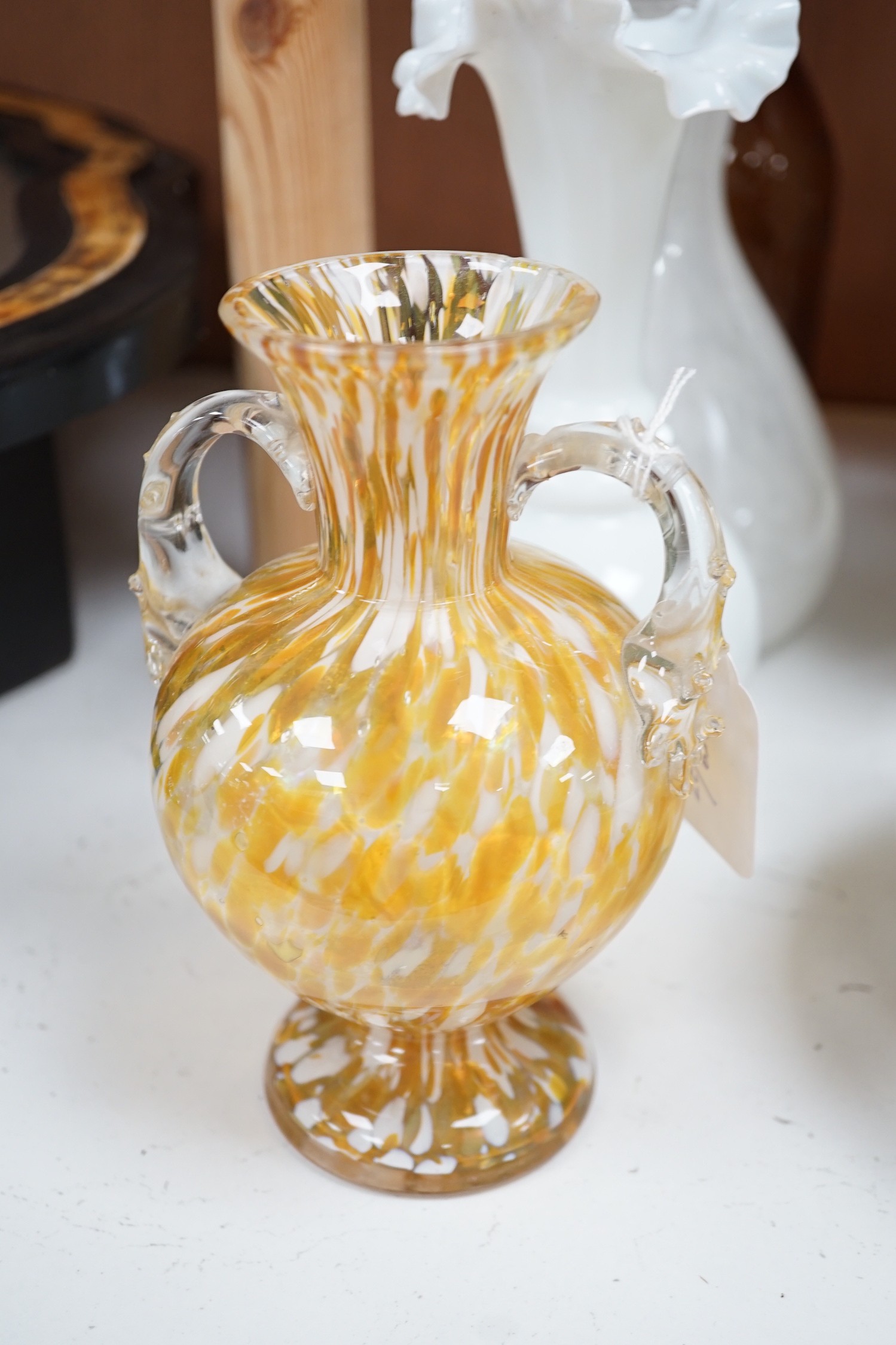 Three glass vases and an engraved bottle, two ceramic budai, Wedgwood Etruria vase, a jasper ware vase etc (10), Etruria vase 33cms high